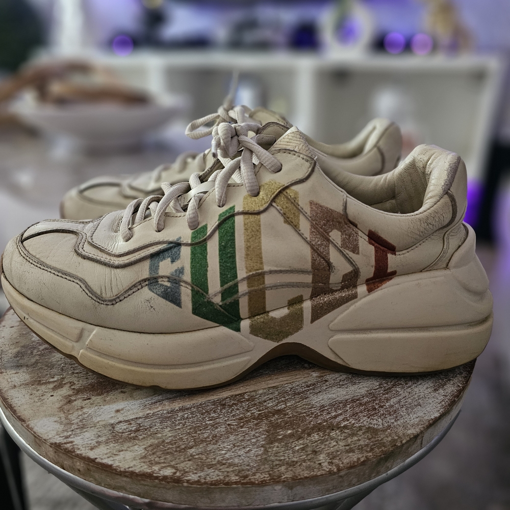 Leather Cream Sneakers with Multicolor Logo - Picture 2 of 10